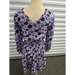 Vineyard Vines Girls Dress Size L Floral Print Purple Long Sleeve Smocked Waist